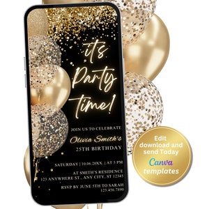 Digital Black Gold Geburtstagseinladung, Black Gold Glitter, bearbeitbare Vorlage, jedes Alter, Evite, Sofort Download, Telefon Evite