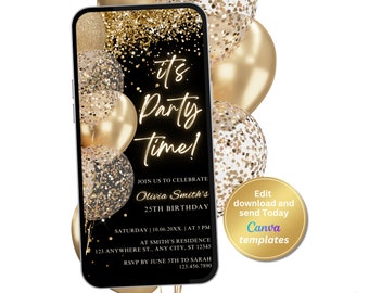 Digital Black Gold Birthday Party Invitation, Black Gold Glitter, Editable Template, Any Age, Evite, Instant Download, Phone Evite