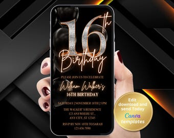 Invito per il 16° compleanno di un ragazzo, modello di invito per i 16 anni, invito digitale modificabile