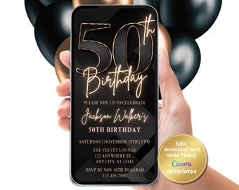 Digital 50th Birthday Invitation for Men, Editable Template, Instant Download