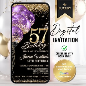 Faire-part 57e anniversaire pour femme, invitation numérique violet et or avec des ballons et des touches de paillettes – modèle modifiable, téléchargement immédiat
