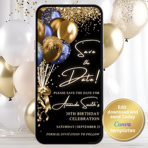 Digital Black Navy Gold Save The Date Invitation, Phone Text Message Evite, Editable Template, Instant Download