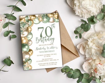 70th Birthday Invitation, Sage Green & Gold Invite, Editable Canva Template, 5x7 Printable or Text Message, Birthday Dinner