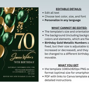 May include: A green and gold 70th birthday invitation with balloons and confetti. The invitation says "Please join us to celebrate Jasmine Walker's 70th Birthday".