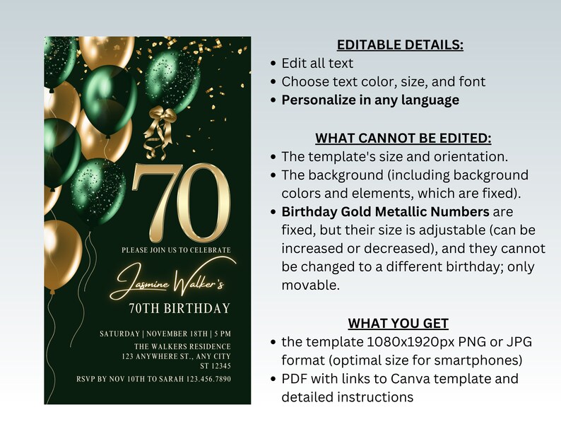 May include: A green and gold 70th birthday invitation with balloons and confetti. The invitation says "Please join us to celebrate Jasmine Walker's 70th Birthday".