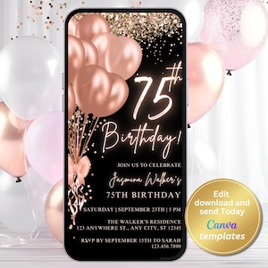 Convite digital para festa de 75 anos, preto rosa dourado, mensagem de texto por telefone, modelo editável, download instantâneo
