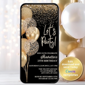 Black Gold Birthday Invitation, Gold Balloons Mobile Evite, Digital Download