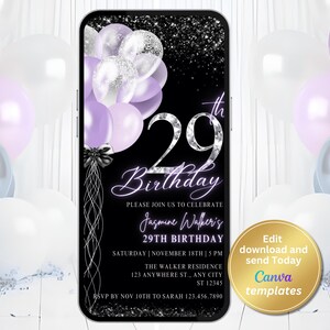 Digital 29th Birthday Party Invitation for Women, Birthday Silver Diamond Numbers, Black Purple Invite, Editable Template, Instant Download