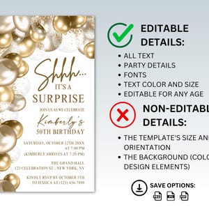 K&ouml;nnte beinhalten: Eine druckbare Einladung zu einer &Uuml;berraschungsparty zum 50. Geburtstag mit einem goldenen und wei&szlig;en Ballon-Thema. Die Einladung enth&auml;lt den Text "Shhh... Es ist eine &Uuml;berraschung" und "Kimberlys 50. Geburtstag".