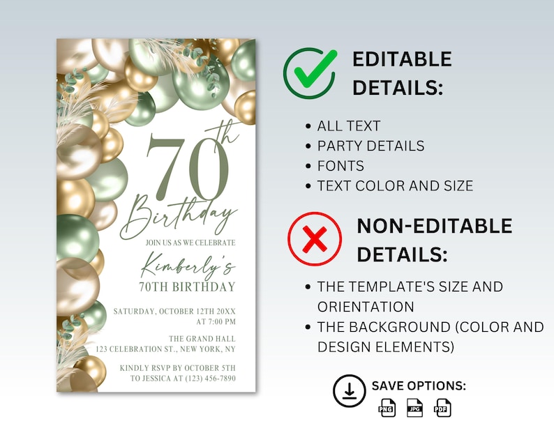 May include: A digital invitation for a 70th birthday celebration. The design features gold and green balloons, with text that reads "70th Birthday" and event details. The invitation is customizable, with editable text, party details, fonts, and text color.