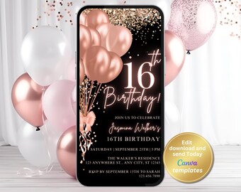 Sweet 16 Birthday Invitation, Rose Gold Teen Girl Invite, Editable Digital Template, Pink Glam Party Evite