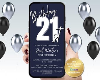 Invitación de cumpleaños número 21 en azul marino, plantilla digital editable, descarga instantánea.