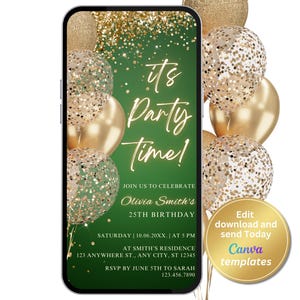 Green and Gold Birthday Invitation – It’s Party Time Editable Digital Evite – Any Age Canva Template – Instant Download for Women or Girls
