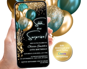 Digital Black Teal Gold Surprise Birthday Party Invitation, Editable Template, Evite, Instant Download, Phone Evite, E-Invite