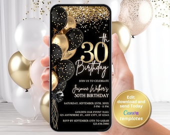 Invitación digital para 30 cumpleaños: invitación para fiesta en negro y dorado. Plantilla editable para teléfono. Descarga instantánea.