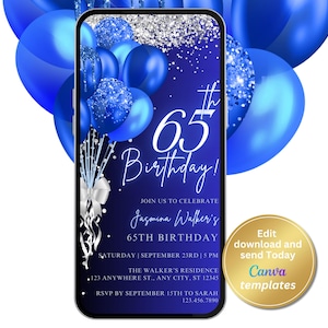 Convite digital para festa de aniversário de 65 anos, azul royal, prata, mensagem de texto por telefone, modelo editável, download instantâneo