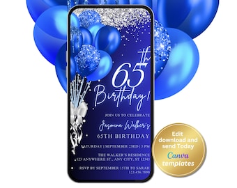 Digital 65th Birthday Party Invitation, Royal Blue, Silver, Phone Text Message Evite, Editable Template, Instant Download
