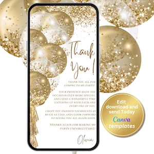 Message d'anniversaire de remerciement numérique en or blanc, carte de remerciement électronique, modèle modifiable, téléchargement immédiat