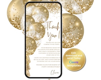 Digital White Gold Thank You Birthday Message, Electronic Thank You Card, Editable Template, Instant Download