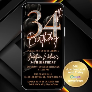 Faire-part de fête numérique du 34e anniversaire pour homme - ballons noirs, modèle d'étape clé modifiable, invitation à une fête entièrement noire - téléchargement immédiat
