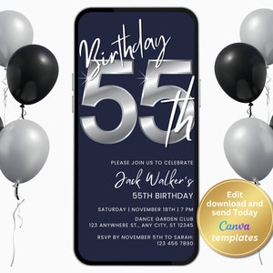 Editable Digital 55th Birthday Invitation with Navy Blue Background - Silver Numbers - Instant Download - Men&#39;s Party Invite