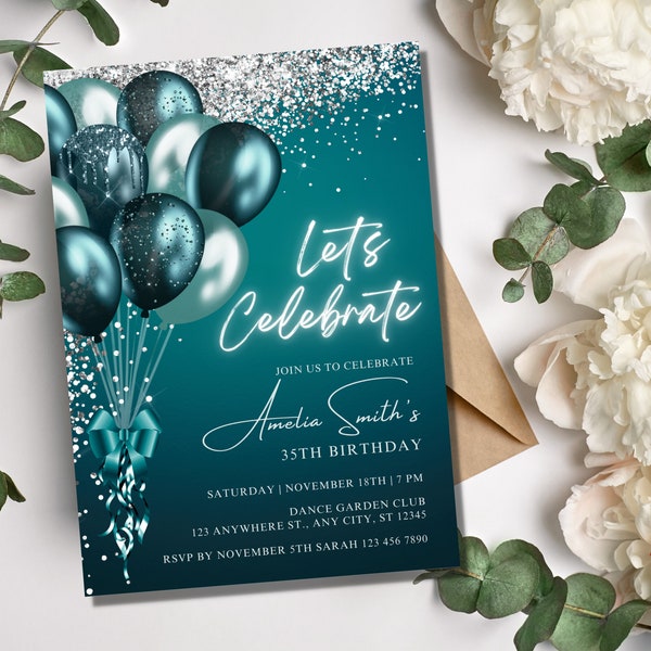 Editable Teal Silver Birthday Party Invitation, Printable 5x7 Invitation Template, Evite, Editable Template, Instant Download