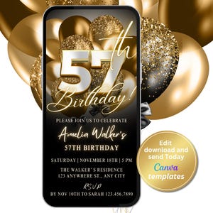 Digital 57th Birthday Party Invitation, Black Gold Invite, Invitation for Women, Birthday Invite, Editable Template, Instant Download