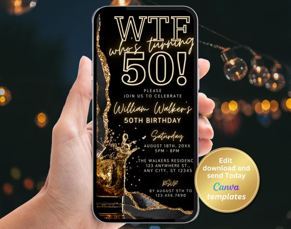 Digital WTF 50th Birthday Party Invitation, Whiskey Theme 50th Birthday Invite for Him, Editable for Any Age, Black & Gold, Instant Download