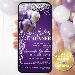 Digital Purple Silver Birthday Dinner Invitation, Purple Balloons, Phone Text Message Evite, Editable Template, Instant Download