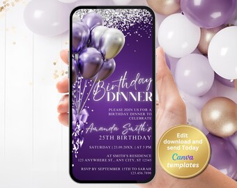 Purple Silver Birthday Dinner Invitation, Balloons Evite (Digital Download)