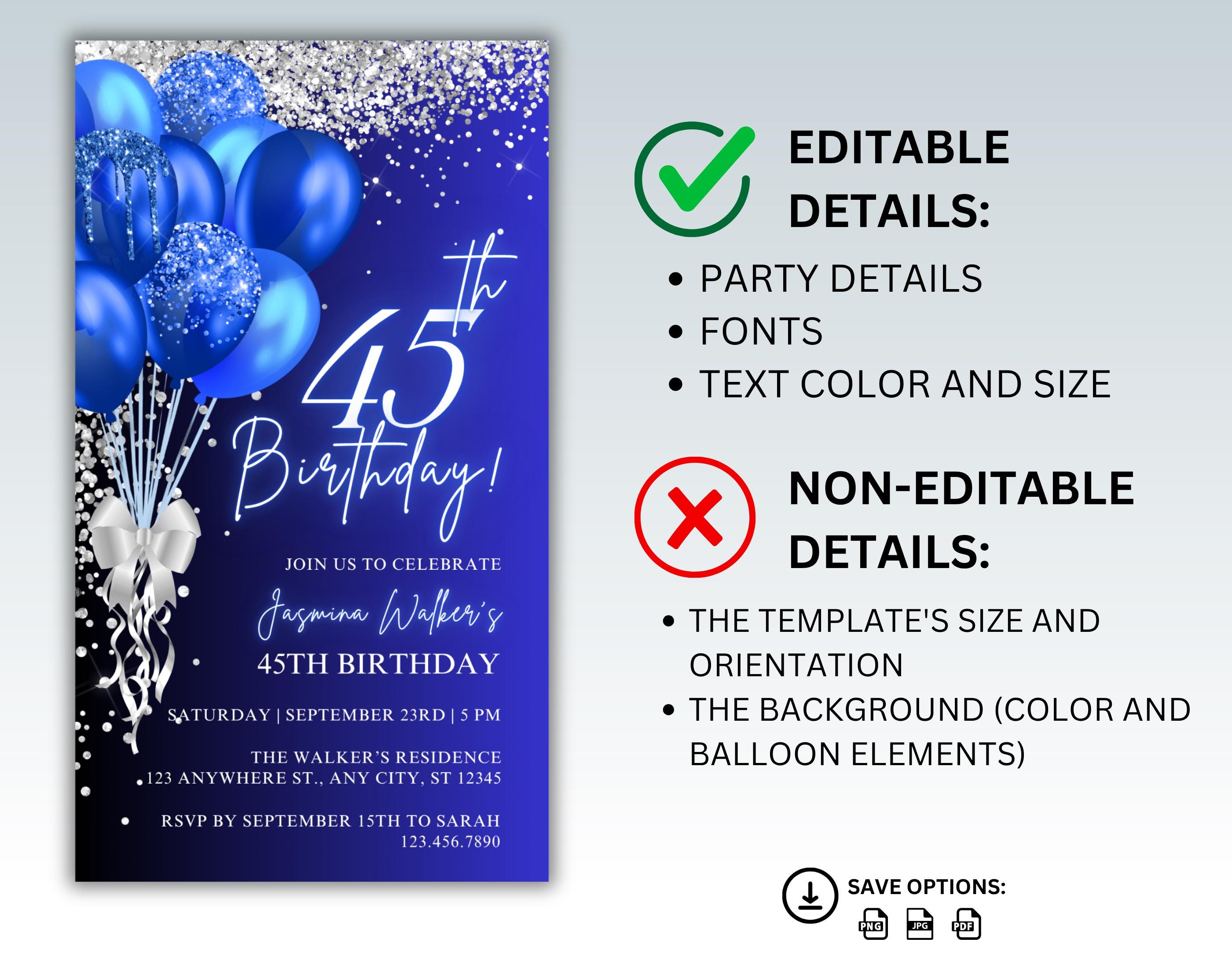 Editable 45th Birthday Invitation, Royal Blue and Silver Birthday ...
