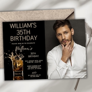 Whiskey Theme 35th Birthday Invitation with Photo, 7x5 Digital & Printable Invite, Black and Gold, Editable for Any Age, Men’s Party Invite