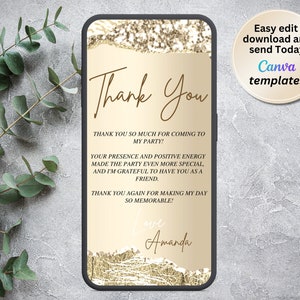 Mensagem digital de agradecimento de aniversário, nota eletrônica de agradecimento, Evite de agradecimento, champanhe dourado, modelo editável, download instantâneo