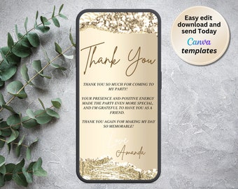 Digital Thank You Birthday Message, Electronic Thank You Note, Thank You Evite, Gold Champagne, Editable Template, Instant Download
