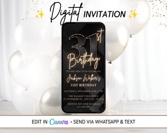 31st Birthday Invitation for Men, Black Gold Number Thirty One Mobile Evite, Editable Canva Template, Electronic Text Message Invite