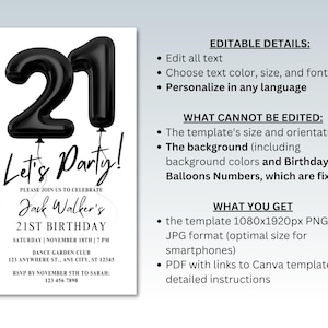 May include: Black and white printable 21st birthday party invitation with black balloon numbers. The text reads "Let's Party!" and "Jack Walker's 21st Birthday".