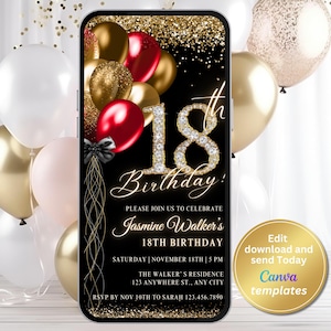 Faire-part 18e anniversaire numérique avec numéro en diamants dorés - Ballons rouges et dorés - Détails de la fête modifiables - Modèle à téléchargement immédiat