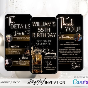 55th Birthday Invitation for Men – Whiskey Theme, Any Age Editable Digital Invite & Matching Thank You Card – Animated or Static Option