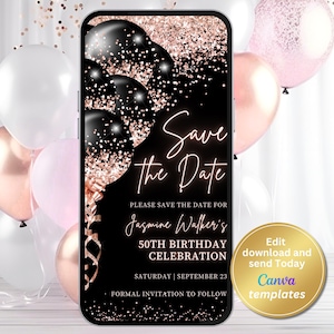 Invito digitale Save The Date in oro rosa nero, invito con palloncini glitterati in oro rosa, messaggio di testo, modello modificabile, download immediato
