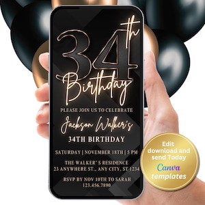 Faire-part pour une fête d'anniversaire du 34e anniversaire, invitation numérique en or noir, pour homme, invitation numérique, modèle modifiable, téléchargement immédiat