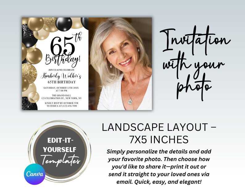 65th Birthday Invitation With Photo, Black Gold Editable Canva Template ...