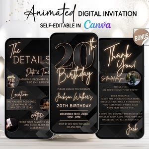 Puede incluir: Invitación digital animada en tres smartphones. La invitación es para un 20 cumpleaños, con detalles como fecha, hora, lugar e información de RSVP. El diseño es negro y dorado con una pegatina de bonificación.