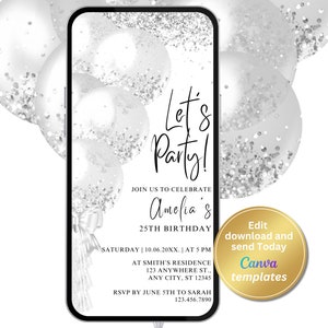 Invito digitale per festa di compleanno bianco, glitter argento, invito elettronico per messaggio di testo telefonico, modello modificabile, download immediato