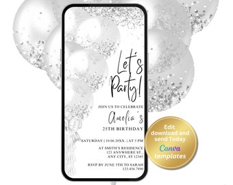 White and Silver Glitter Birthday Party Invitation, White Balloons, Editable Canva Template (Digital Download)
