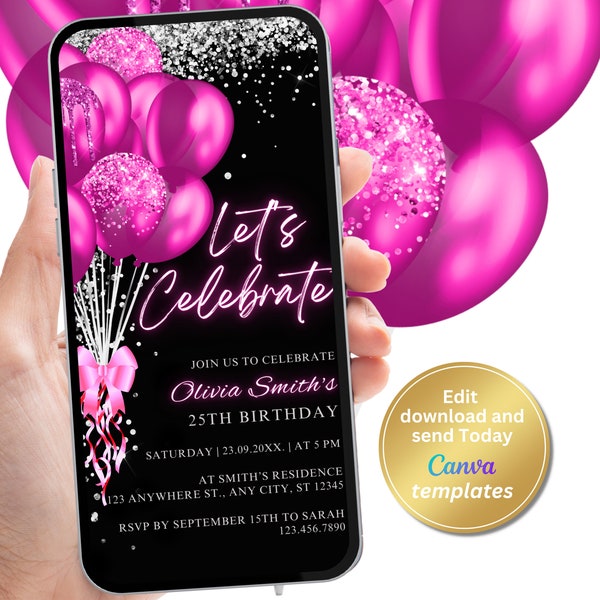 Digital Black Hot Pink Birthday Party Invitation, Hot Pink Glitter Balloons, Phone Text Message Evite, Editable Template, Instant Download