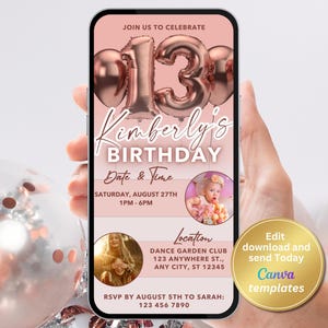 Faire-part numérique pour 13e anniversaire avec photo - modèle d'invitation en or rose - invitation à une fête d'anniversaire de fille pour les adolescents - téléchargement immédiat