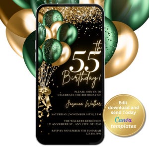 Invito per la festa del 55° compleanno in verde smeraldo e oro / Invito digitale tramite messaggio di testo telefonico / Modello modificabile, download immediato