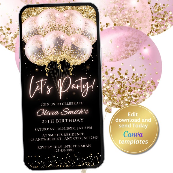 Digital Black Pink Birthday Party Invitation, Gold Glitter, Pink Balloons, Phone Text Message Evite, Editable Template, Instant Download