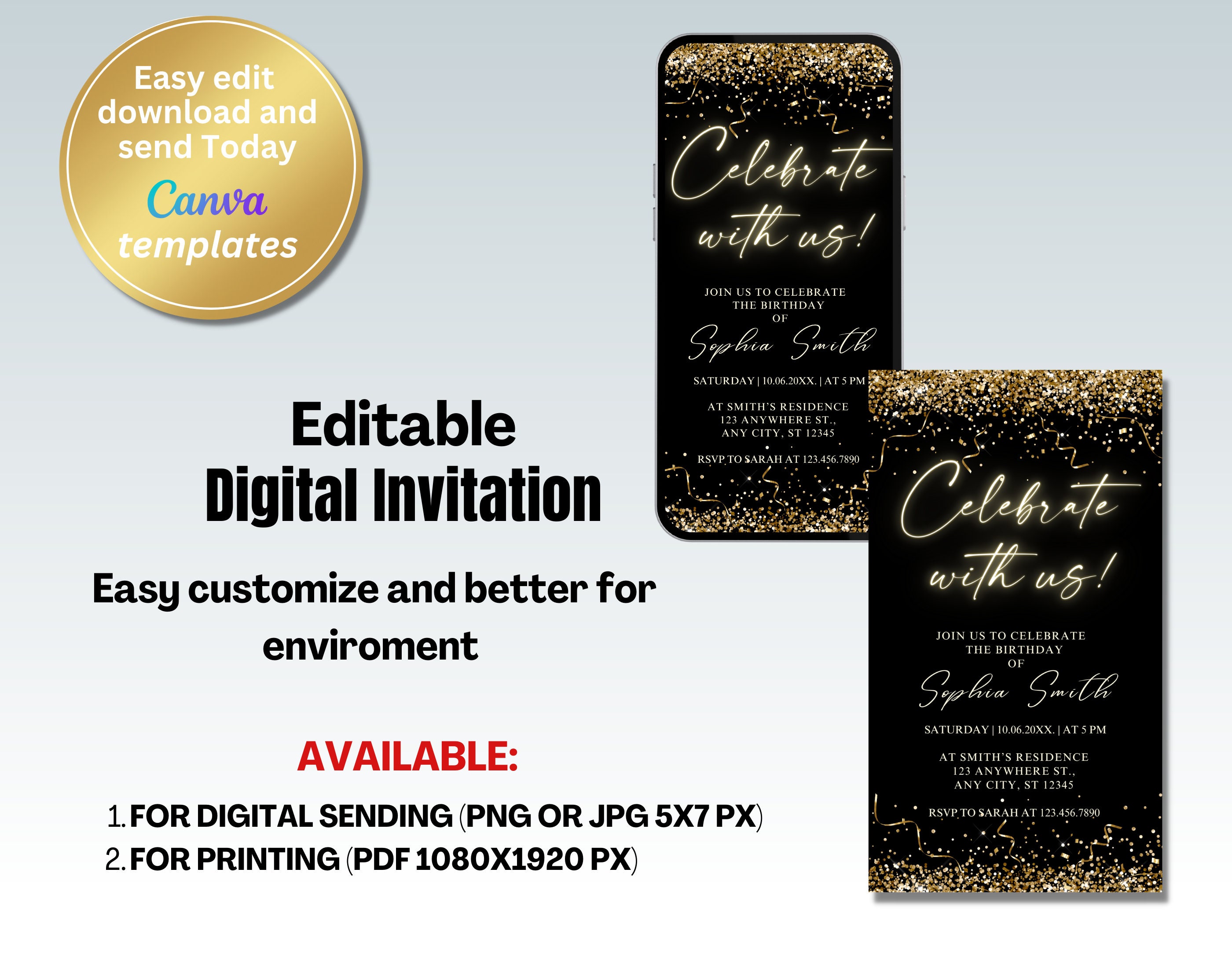 Digital Black Gold Birthday Party Invitation Celebrate With - Etsy