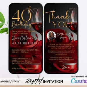 Animated 40th Birthday Dinner Invitation with Red Rose & Wine Glass – Editable Digital Template for Women – Brunch or Evening Celebration